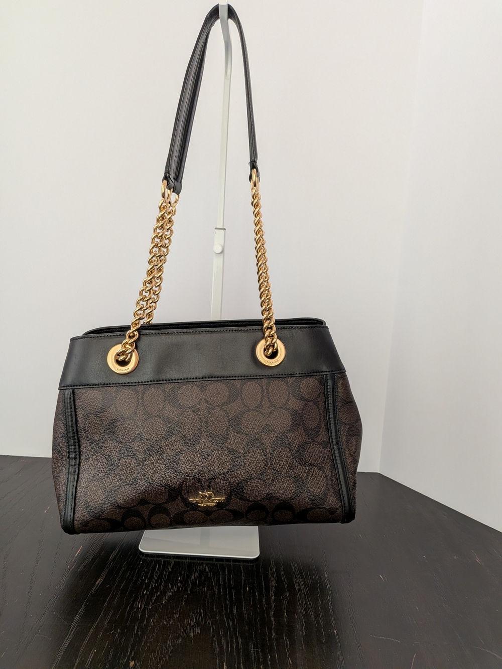 Coach Brown Signature Canvas Shoulder Bag with Gold Chain